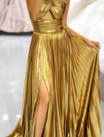 Load image into Gallery viewer, Gold Metallic Keyhole Prom Dress