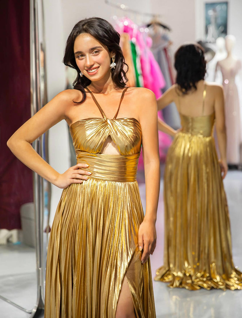 Gold Metallic Keyhole Prom Dress