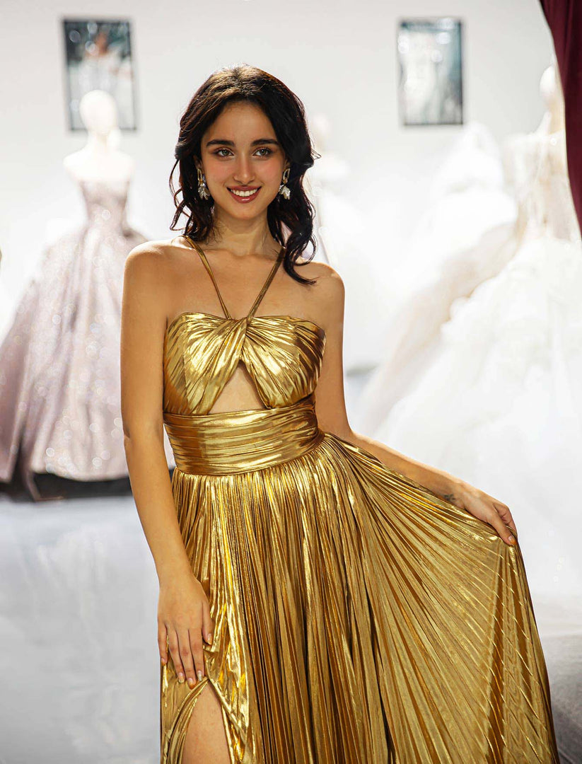 Gold Metallic Keyhole Prom Dress