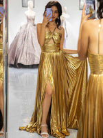 Load image into Gallery viewer, Gold Metallic Keyhole Prom Dress