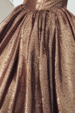 Load image into Gallery viewer, Strapless Sequin Gold Prom Dress