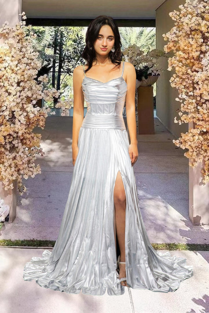 Silver Pleated Prom Dress with Slit