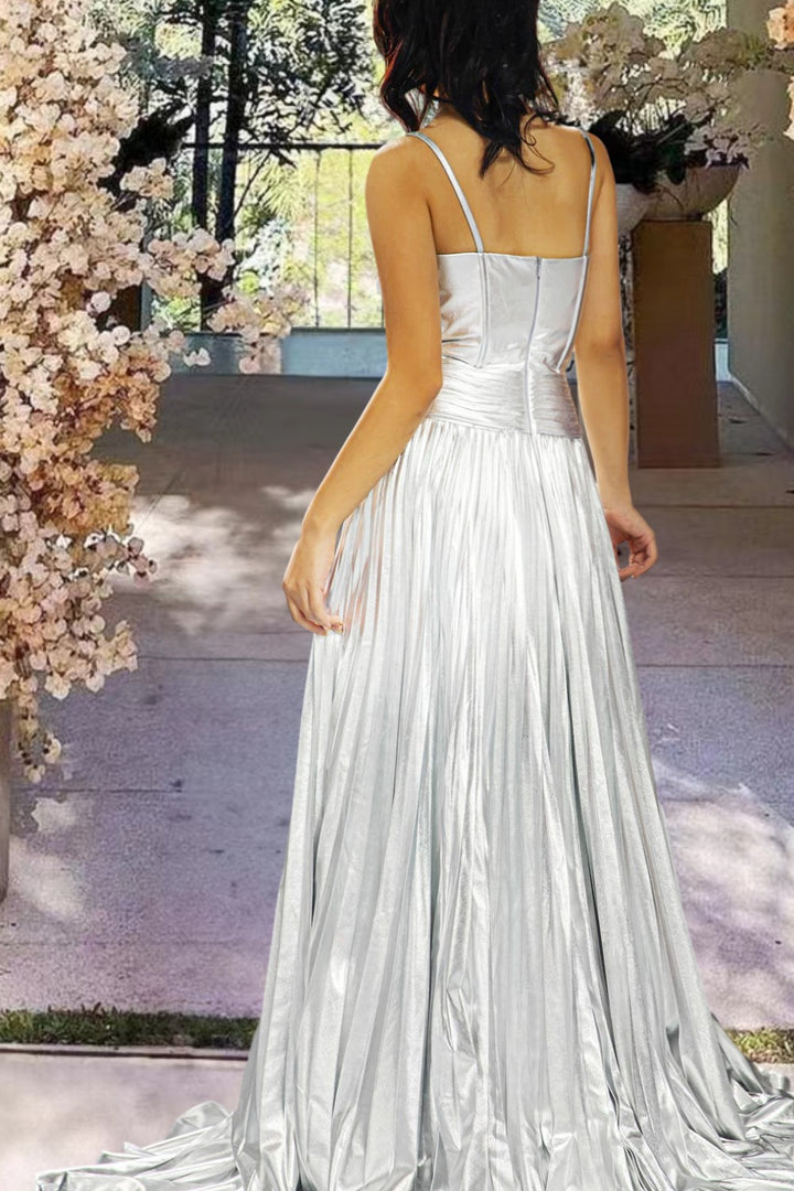 Silver Pleated Prom Dress with Slit