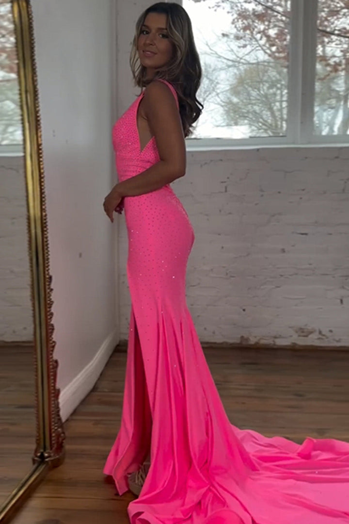 Beaded Pink Prom Dress with Slit