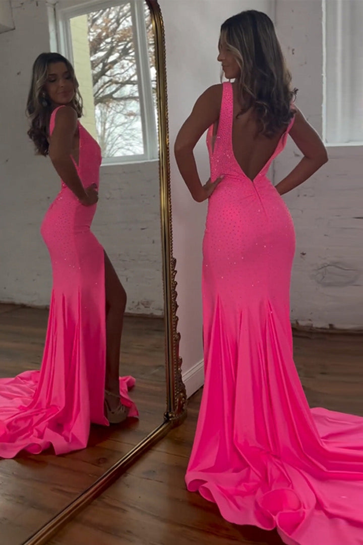 Beaded Pink Prom Dress with Slit