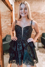 Load image into Gallery viewer, A-Line Corset Bodice Tiered Homecoming Dress with Sequin