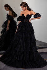 Load image into Gallery viewer, Black Tiered Strapless Prom Gown with Sleeves