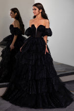 Load image into Gallery viewer, Black Tiered Strapless Prom Gown with Sleeves