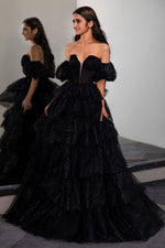 Load image into Gallery viewer, Black Tiered Strapless Prom Gown with Sleeves
