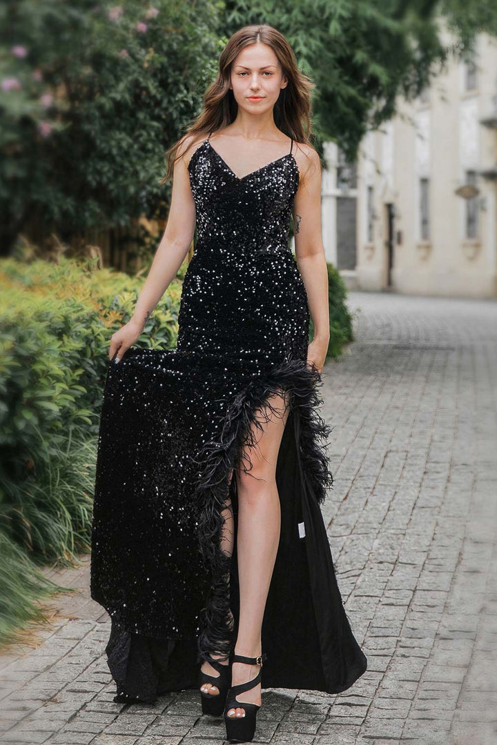 Sequin Long Side Slit Prom Dress with Feather