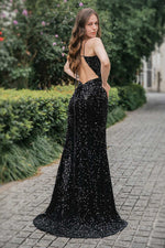 Load image into Gallery viewer, Sequin Long Side Slit Prom Dress with Feather
