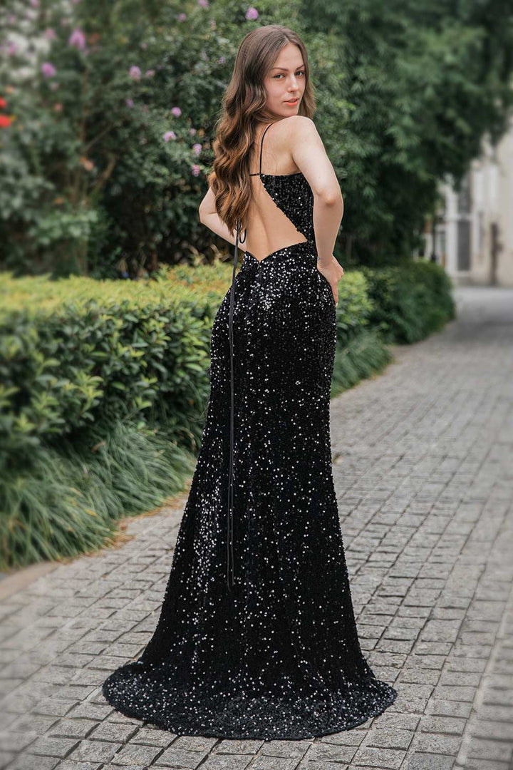 Sequin Long Side Slit Prom Dress with Feather
