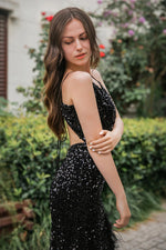 Load image into Gallery viewer, Sequin Long Side Slit Prom Dress with Feather