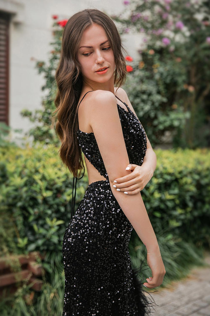 Sequin Long Side Slit Prom Dress with Feather