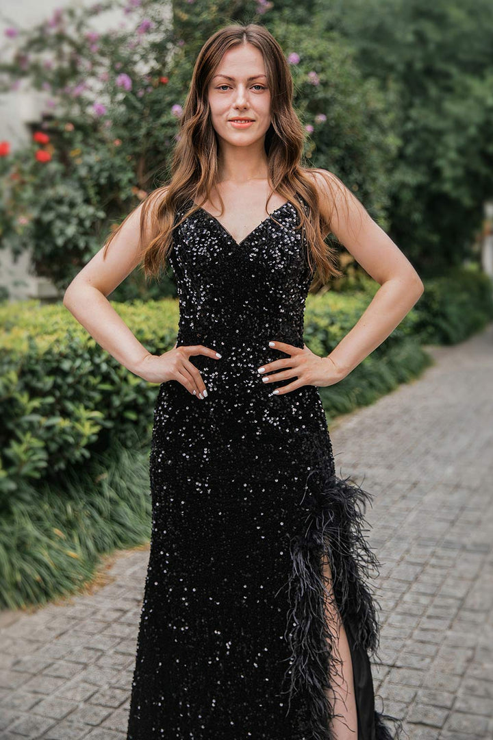 Sequin Long Side Slit Prom Dress with Feather
