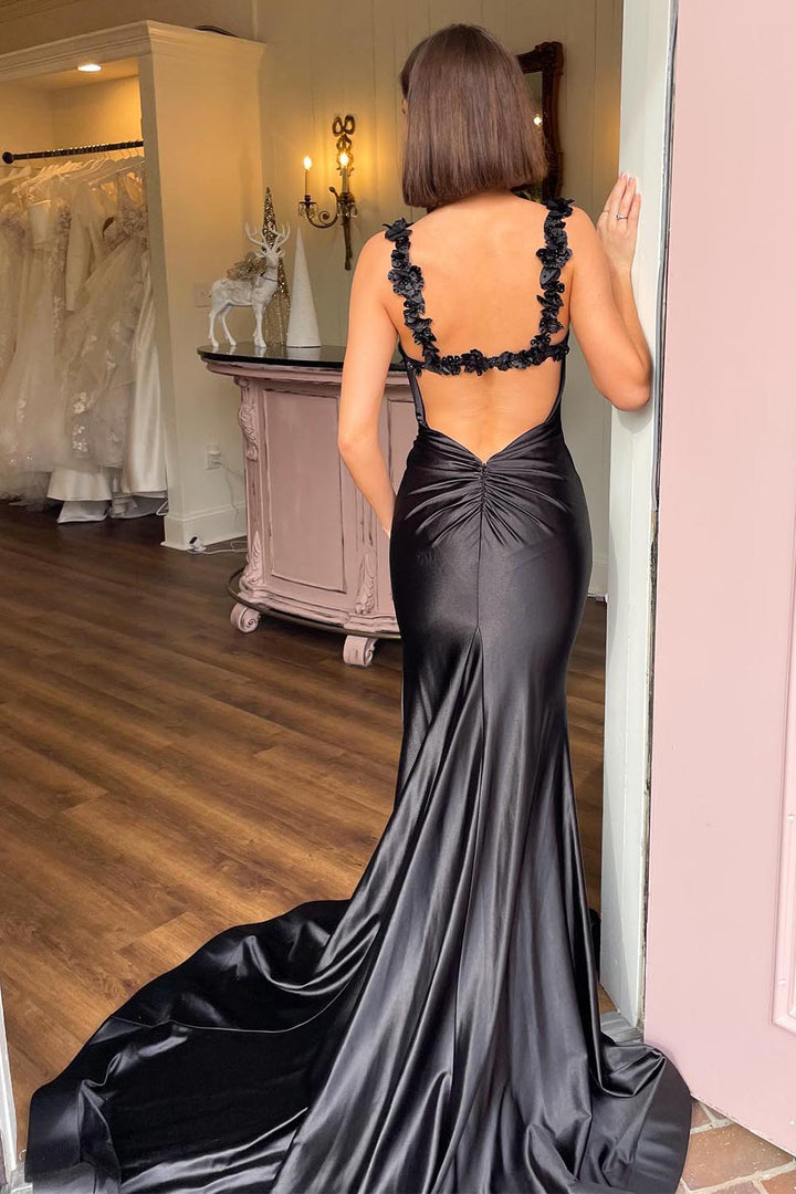 Corset Embellished Straps Black Prom Dress with Slit
