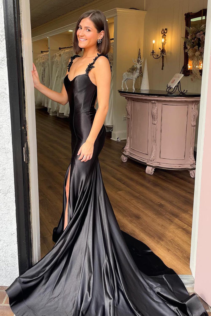 Corset Embellished Straps Black Prom Dress with Slit