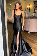 Load image into Gallery viewer, Corset Embellished Straps Black Prom Dress with Slit
