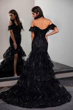 Load image into Gallery viewer, Black Slit Prom Dress with Ruffled Sequin