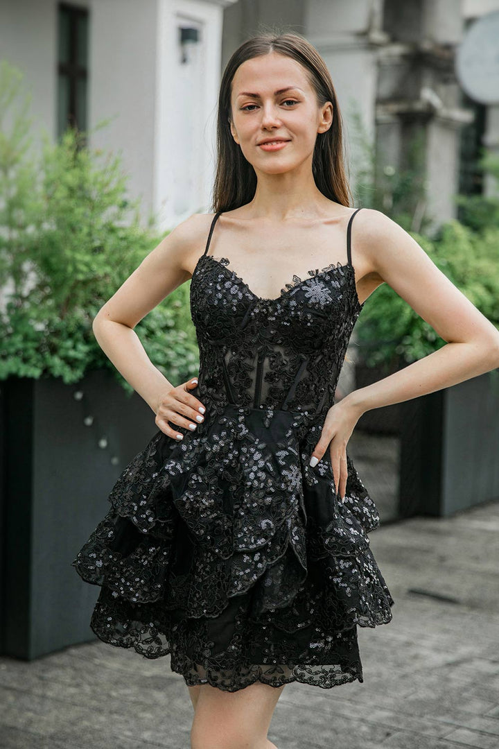 Ruffle Tiered Homecoming Dress with Sequin