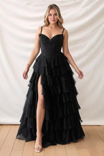 Load image into Gallery viewer, Corset Black Ruffle Prom Dress with Slit