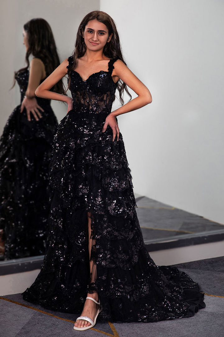 Ruffle Tiered Prom Dress with Sequin