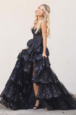 Load image into Gallery viewer, Strapless Corset Ruffle Sequin Prom Dress with Bow