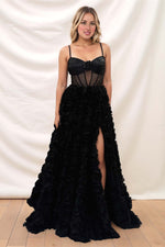 Load image into Gallery viewer, Black Sheer Illusion Mesh Ruffle Prom Dress