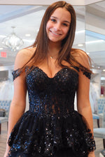 Load image into Gallery viewer, Ruffle Black Senior Prom Dress