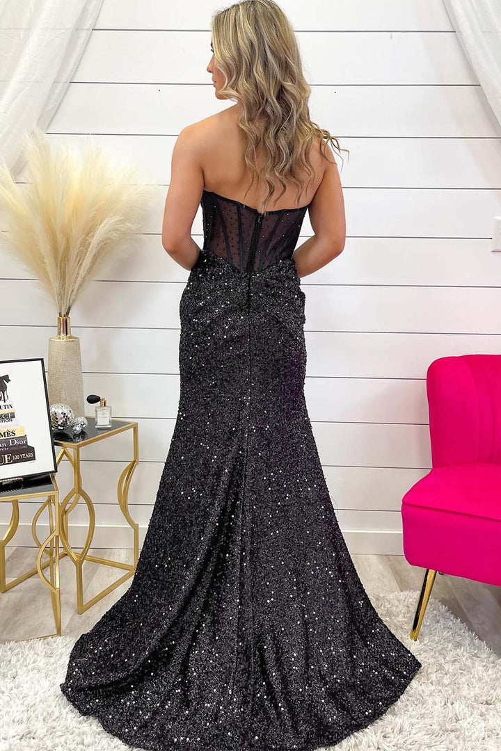 Black Sequin Corset Prom Gown