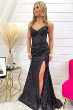Load image into Gallery viewer, Black Sequin Corset Prom Gown
