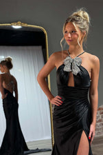 Load image into Gallery viewer, Black Open Back Prom Dress with Keyhole