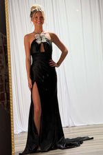 Load image into Gallery viewer, Black Open Back Prom Dress with Keyhole