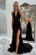 Load image into Gallery viewer, Black Lace Halter Prom Dress with Slit