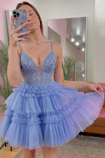 Load image into Gallery viewer, Blue A-Line Bodycon Tiered Homecoming Dress