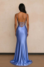 Load image into Gallery viewer, Blue Satin Open Back Prom Dress