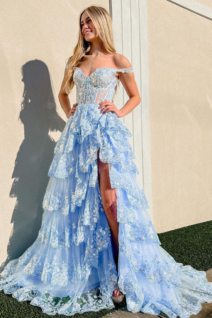 Slit Ruffle Prom Dress with Sequin