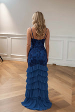 Load image into Gallery viewer, Sheath Blue Sequin Prom Dress with Ruffle Skirt