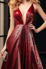 Load image into Gallery viewer, Burgundy Sequin Prom Dress with Slit