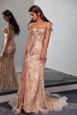 Load image into Gallery viewer, Off the Shoulder Slit Champagne Prom Dress