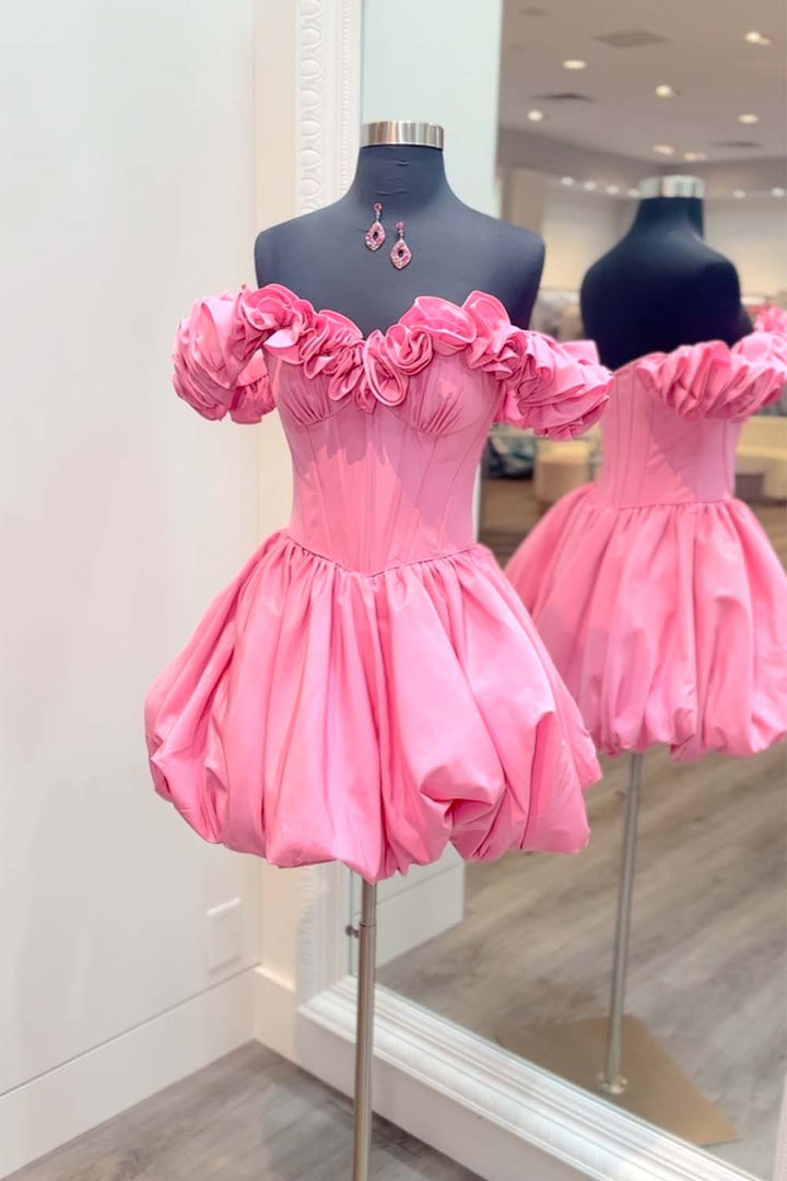 Pink Strapless Bubble Hem Homecoming Dress with Flowers