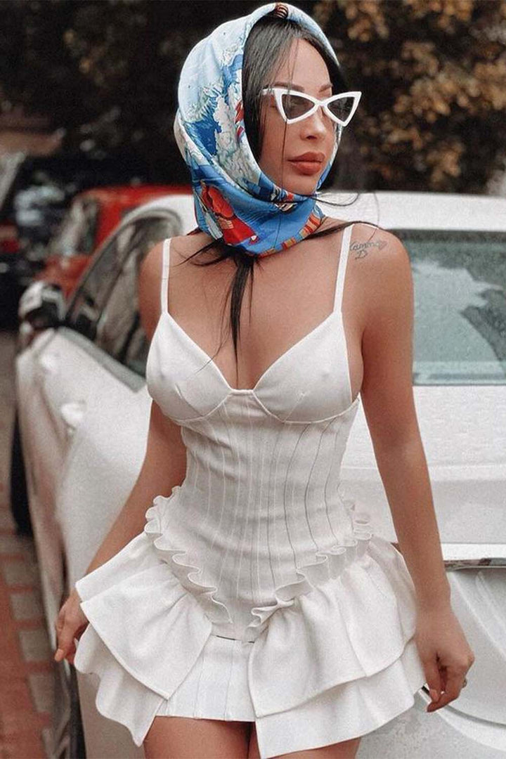 White Mini Dress with Ruffle