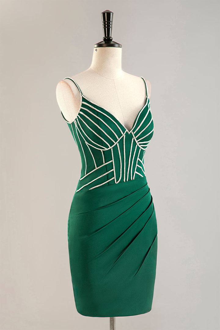 Spaghetti Straps Corset Bodice Homecoming Dress with Beading