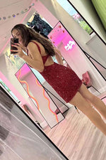 Load image into Gallery viewer, Dark Red Sequin Homecoming Dress with Slit
