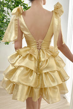 Load image into Gallery viewer, Gold Tiered Homecoming Dress with Strap Bow