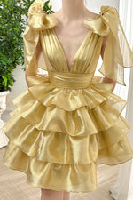 Load image into Gallery viewer, Gold Tiered Homecoming Dress with Strap Bow