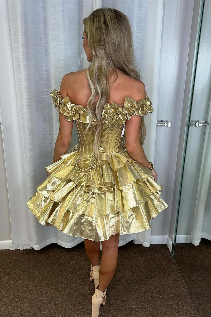 ワンピース Lovely Loophole Pantsskirt Dress Llella Gold Ruffle Corset Homecoming Dress Cute Tiered Party
