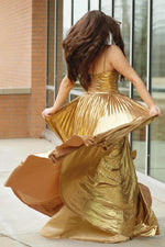 Load image into Gallery viewer, Gold Metallic Prom Dress with Slit
