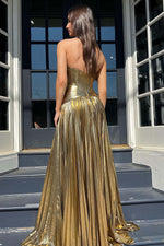 Load image into Gallery viewer, Metallic Gold Strapless Prom Dress with Slit