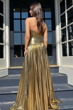 Load image into Gallery viewer, Metallic Gold Strapless Prom Dress with Slit
